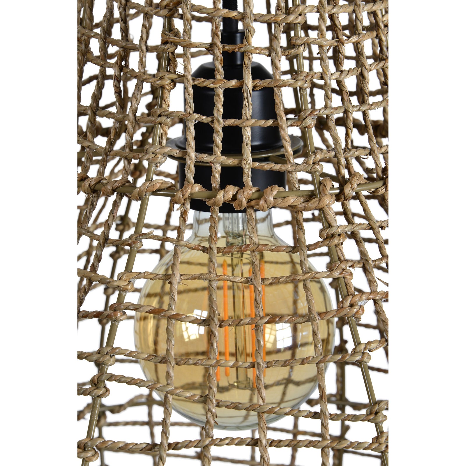 Nahanni Ceiling Fixture featuring a woven natural rattan design with a black ceiling mount.