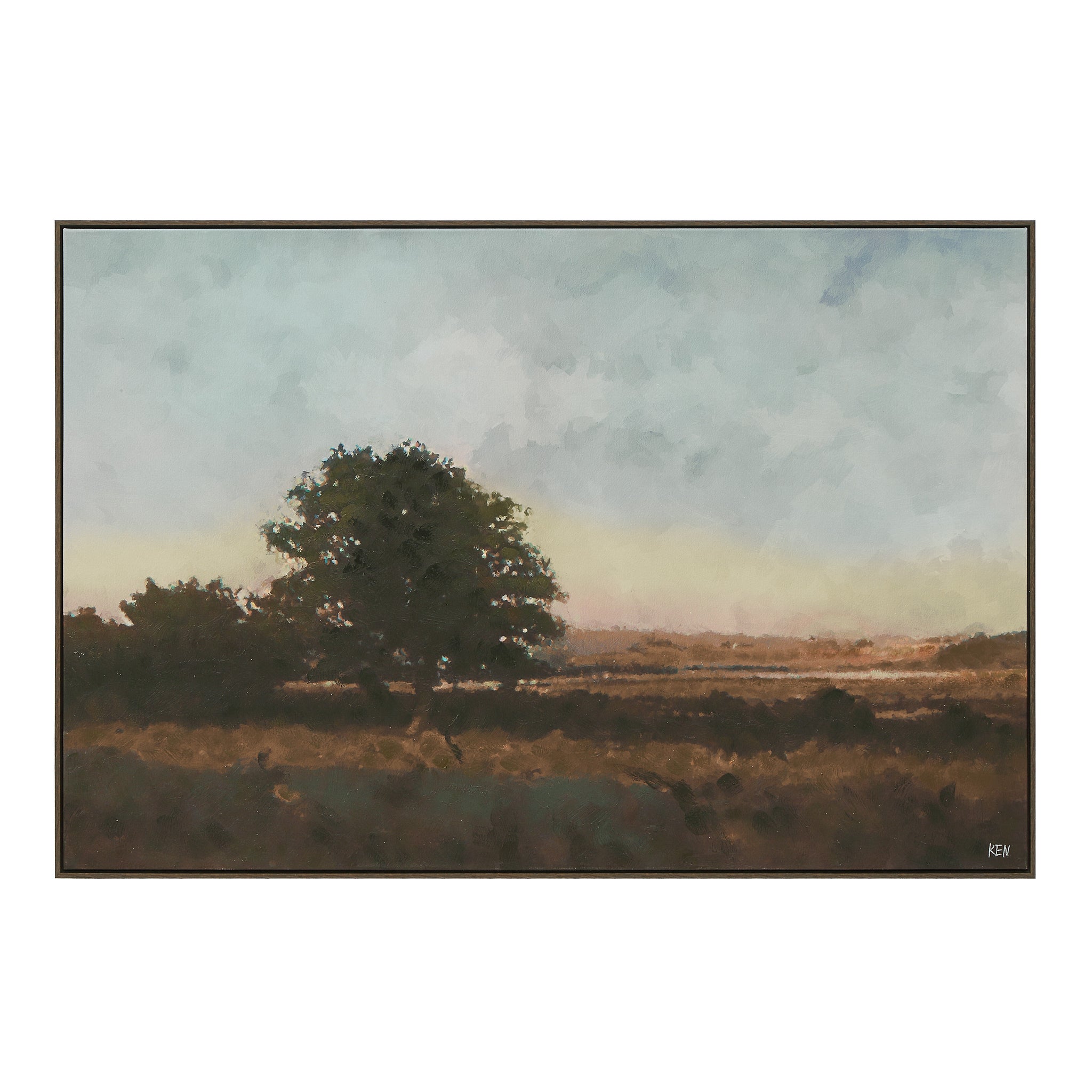 Panorama canvas art depicting a serene landscape with a tree against a cloudy sky.