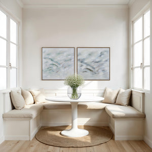 Becks canvas art by Renwil, featuring abstract blue and gray tones in a cozy dining nook.