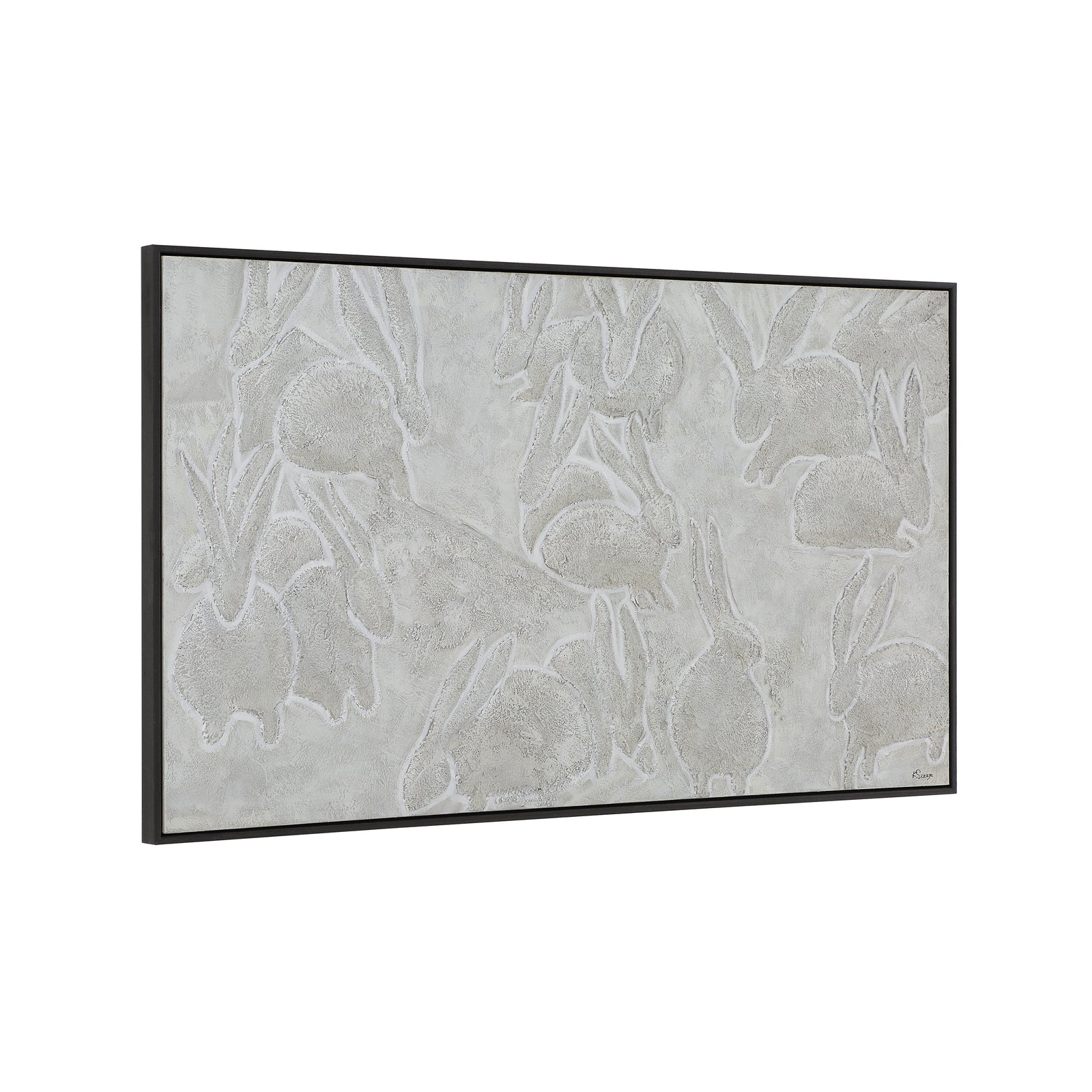 Lacey canvas art featuring textured rabbits in soft gray tones with a black frame.