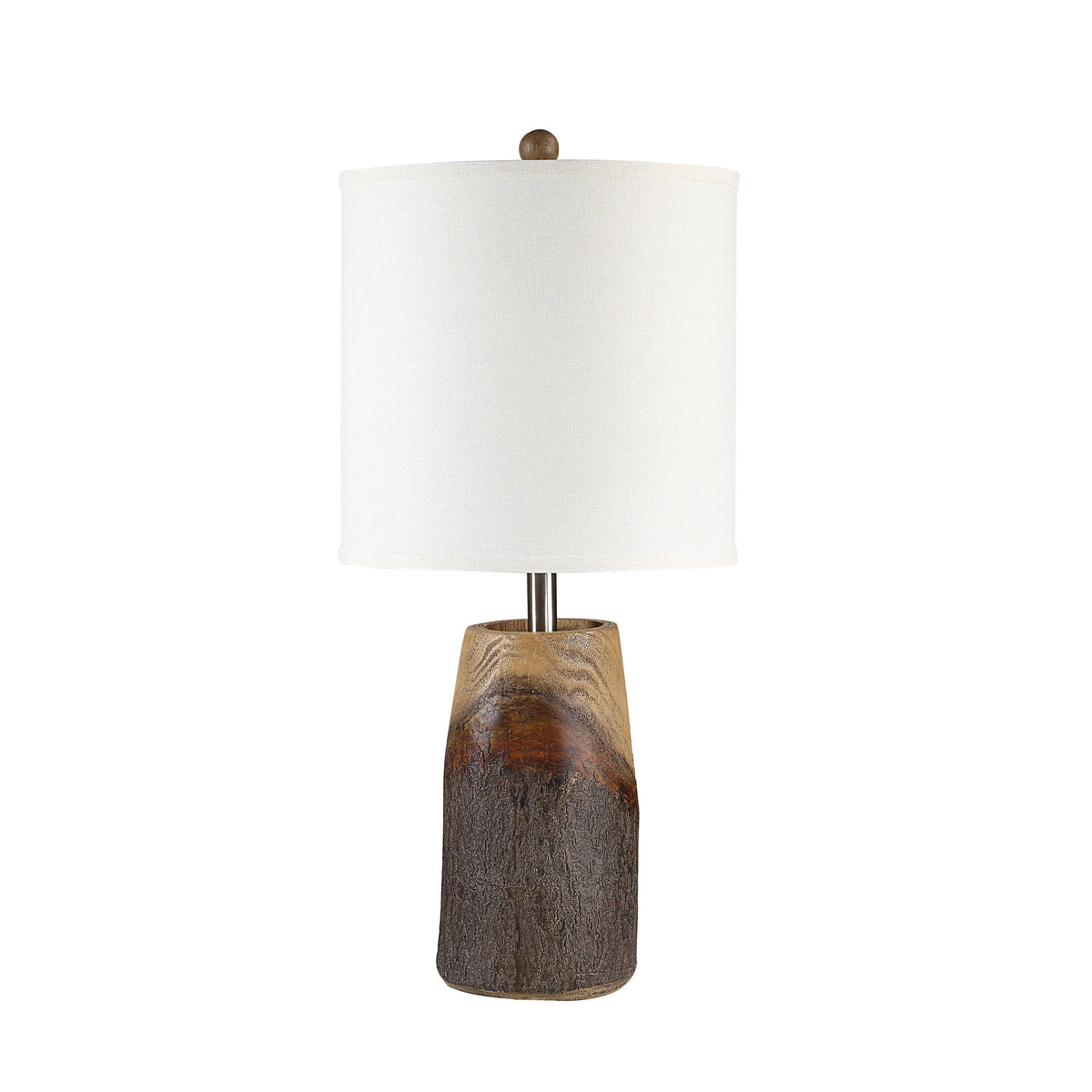 Vinca Table Lamp with a textured wooden base and a white fabric shade