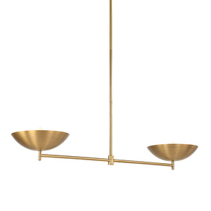 Waxlow pendant light in brushed gold finish with two bowl-shaped shades and a linear design