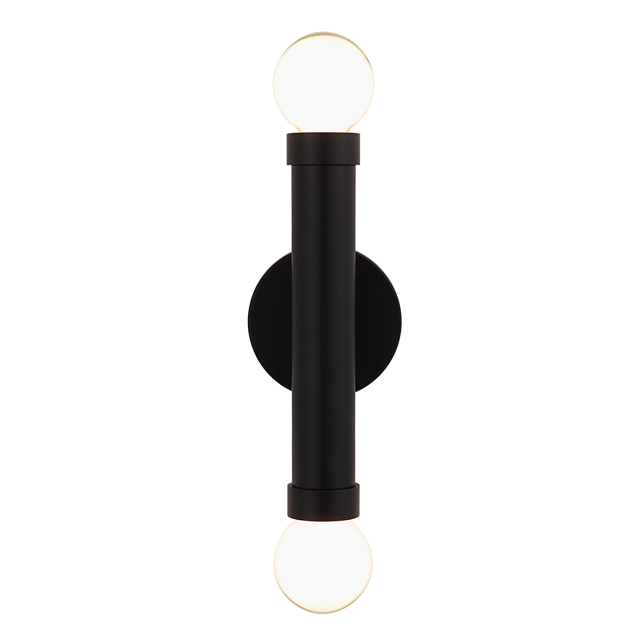 Alika Wall Sconce by Renwil, black metal design with two lit round glass bulbs