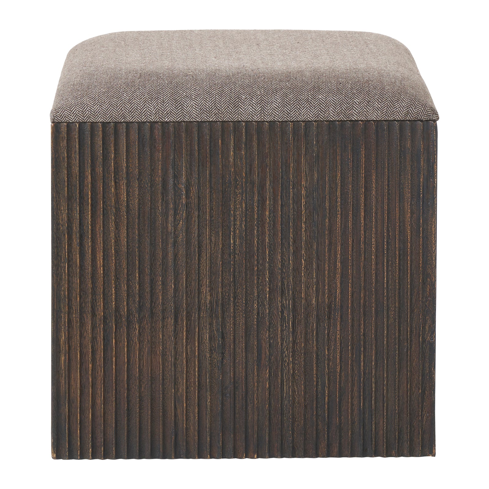 Tristan stool with a dark wood base and herringbone fabric top, angled view.