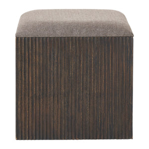 Tristan stool featuring a dark wood base and herringbone fabric top, front view.