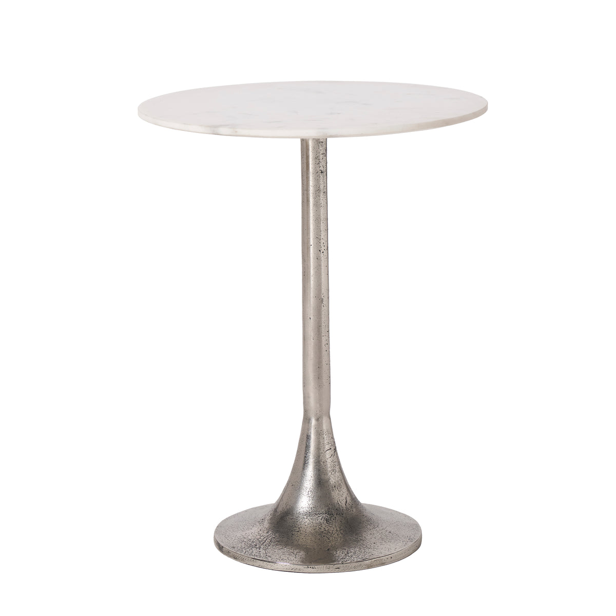 Eloa table with a round white marble top and a silver metal base