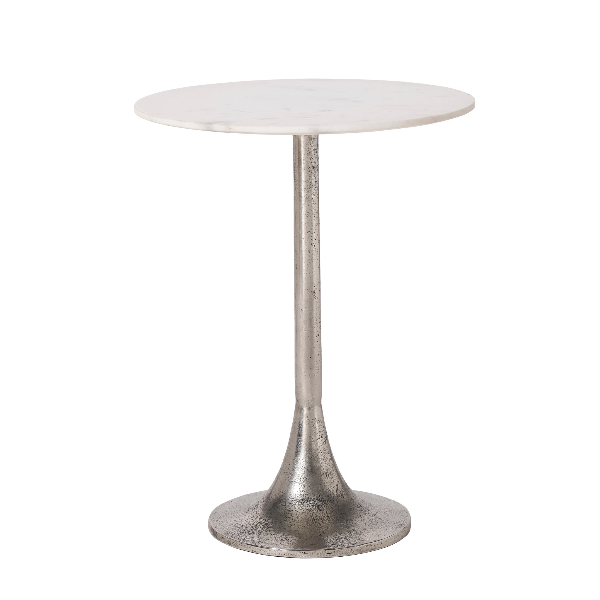 Eloa table with a round white marble top and a silver metal base