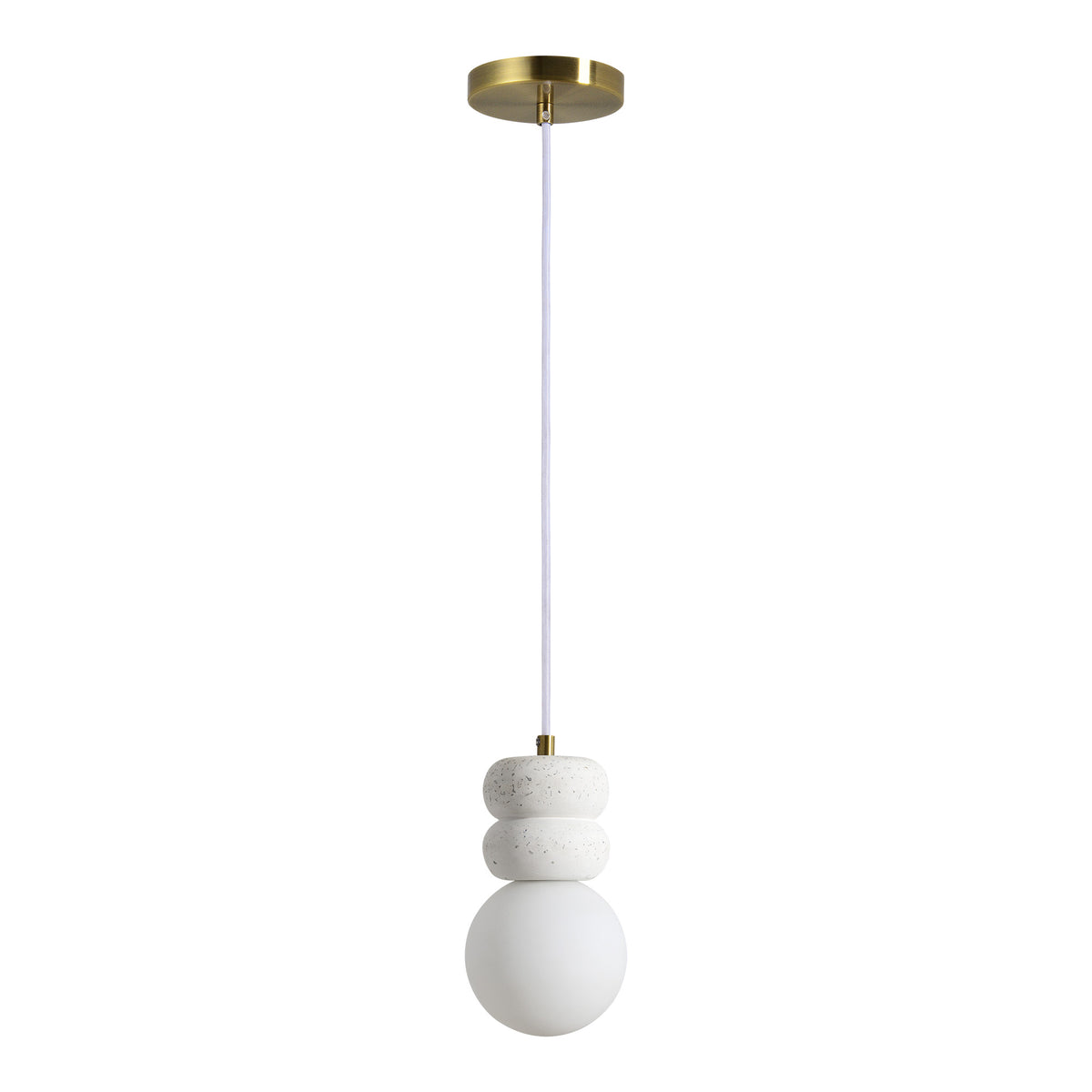 Candra Ceiling Fixture with white glass globe and textured white ceramic accents, hanging from a brass mount.