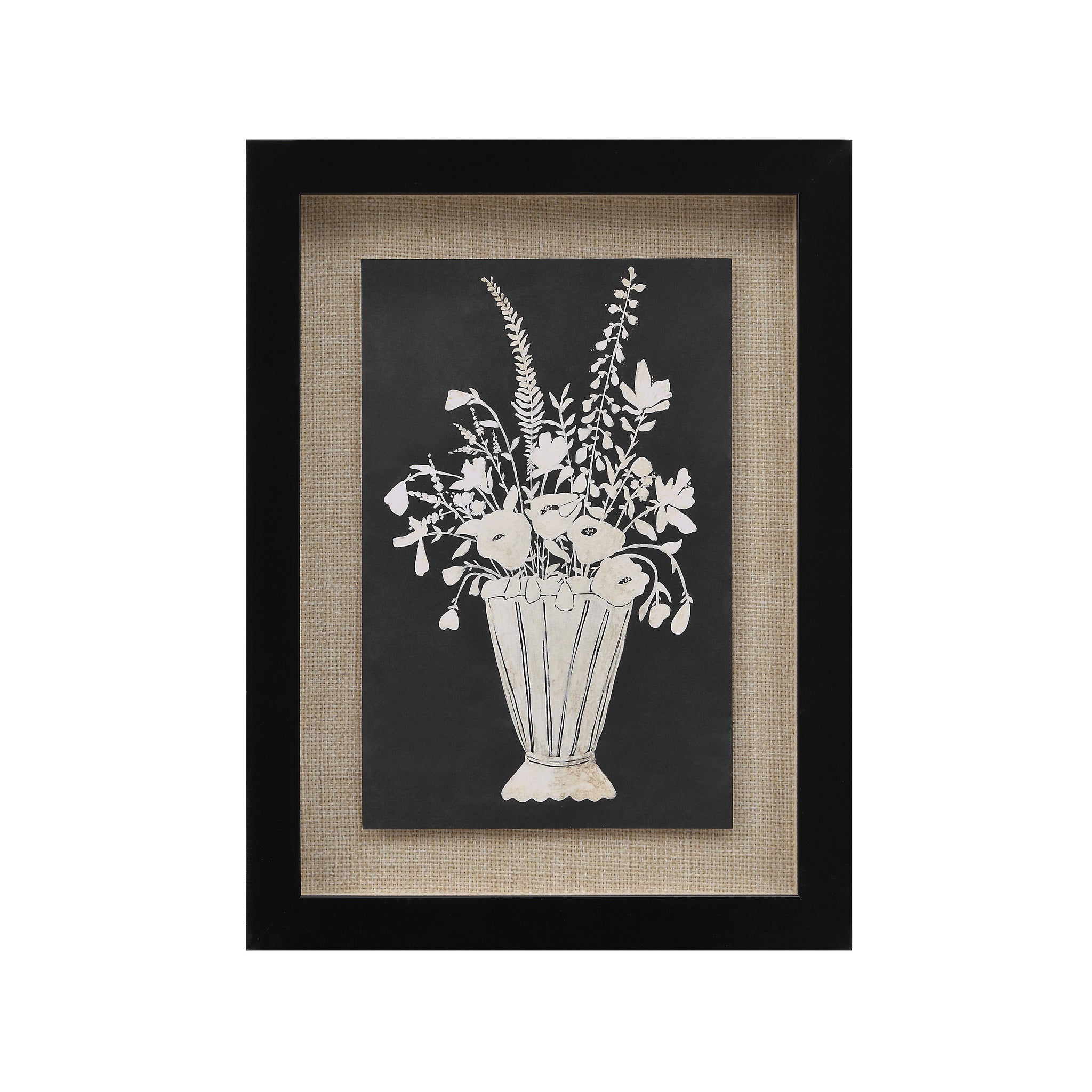 Tecoma canvas art featuring a white floral arrangement in a striped vase on a black background.