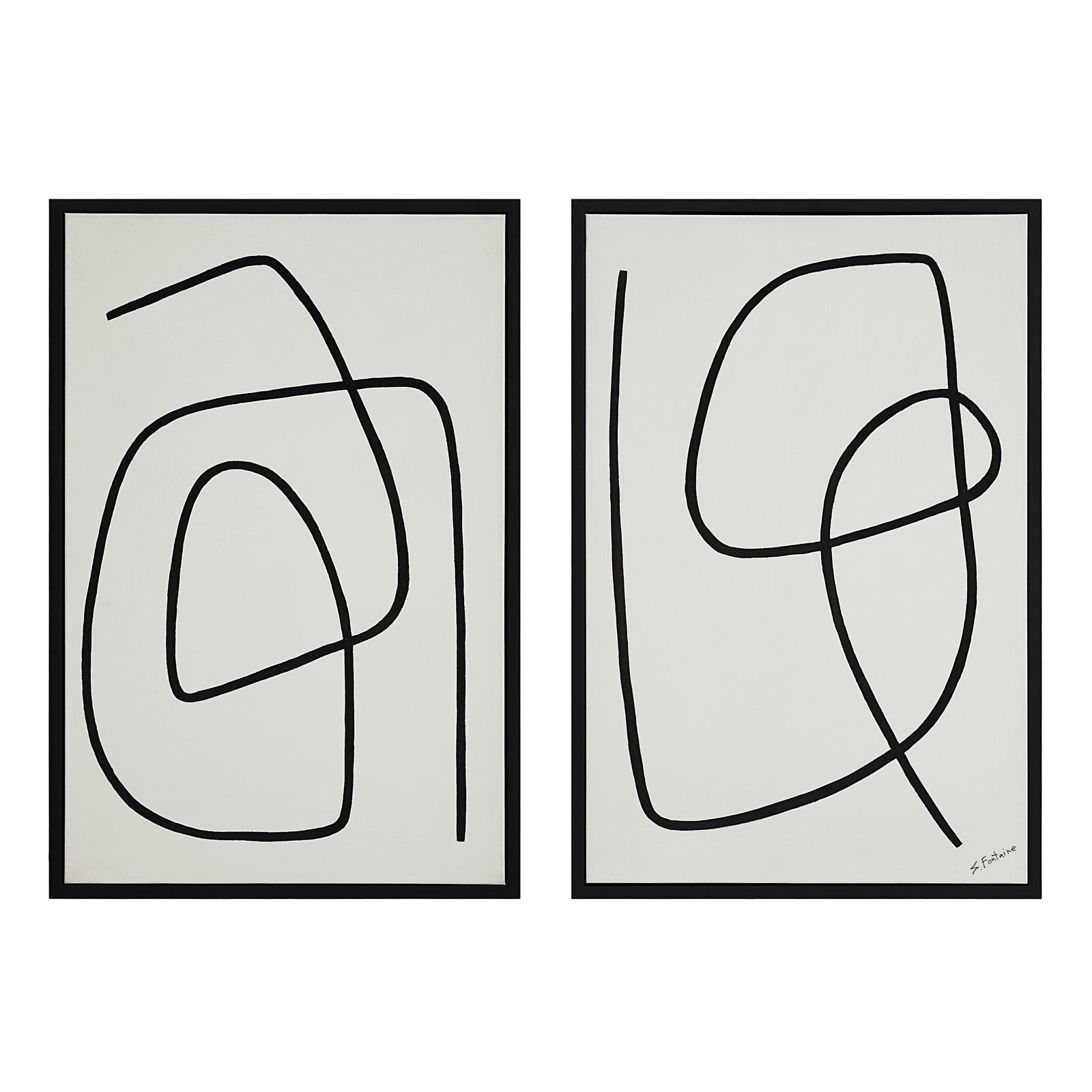 Moreau canvas art featuring abstract black line designs on a white background, framed in black.