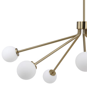 Mundo Ceiling Fixture showcasing four white globes on gold arms, modern aesthetic, suspended from the ceiling.