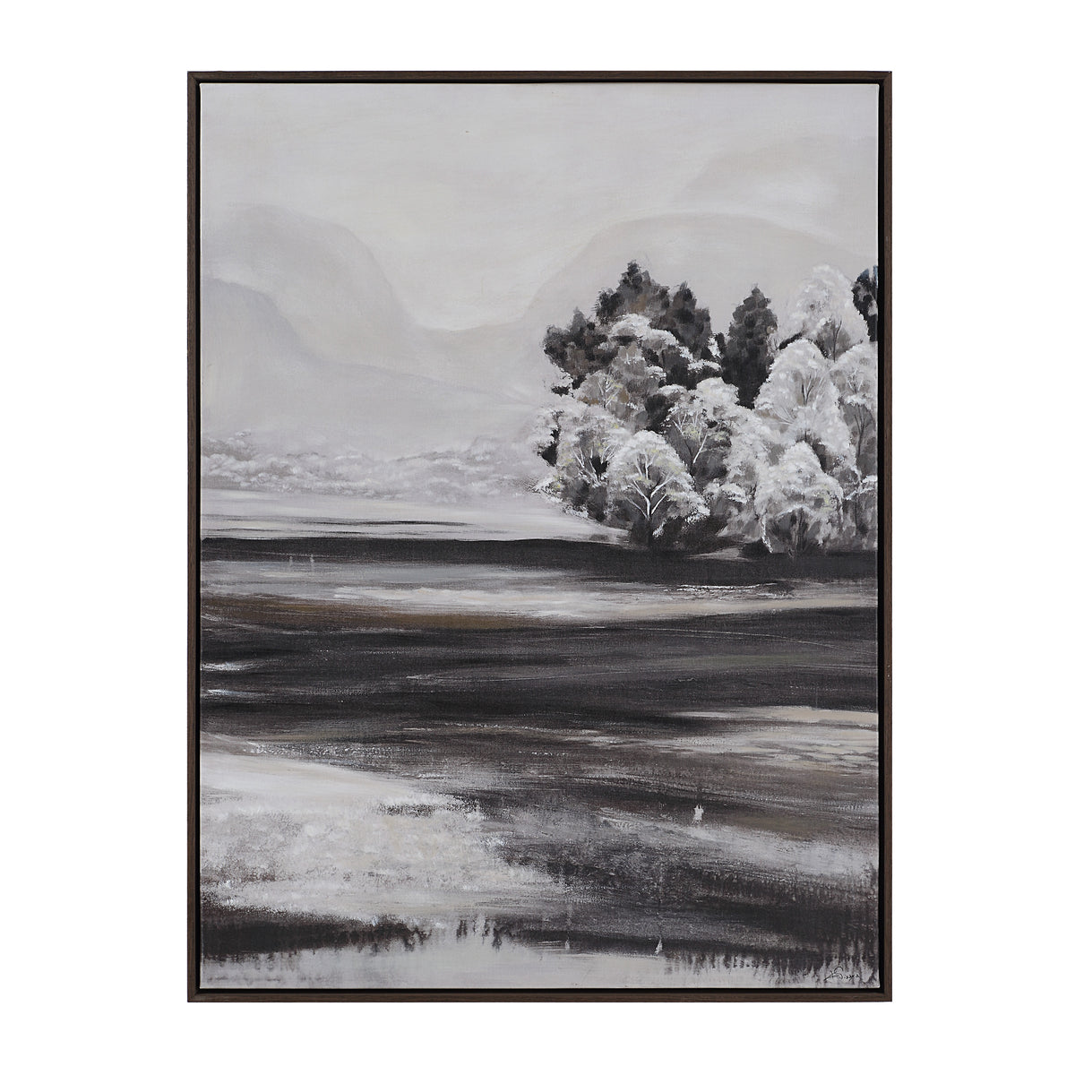 Sweeney canvas art featuring a monochromatic landscape with trees and mountains.