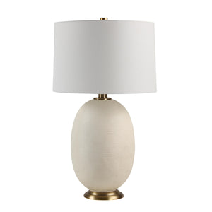 Cartagena Table Lamp with a textured off-white ceramic base and white fabric shade