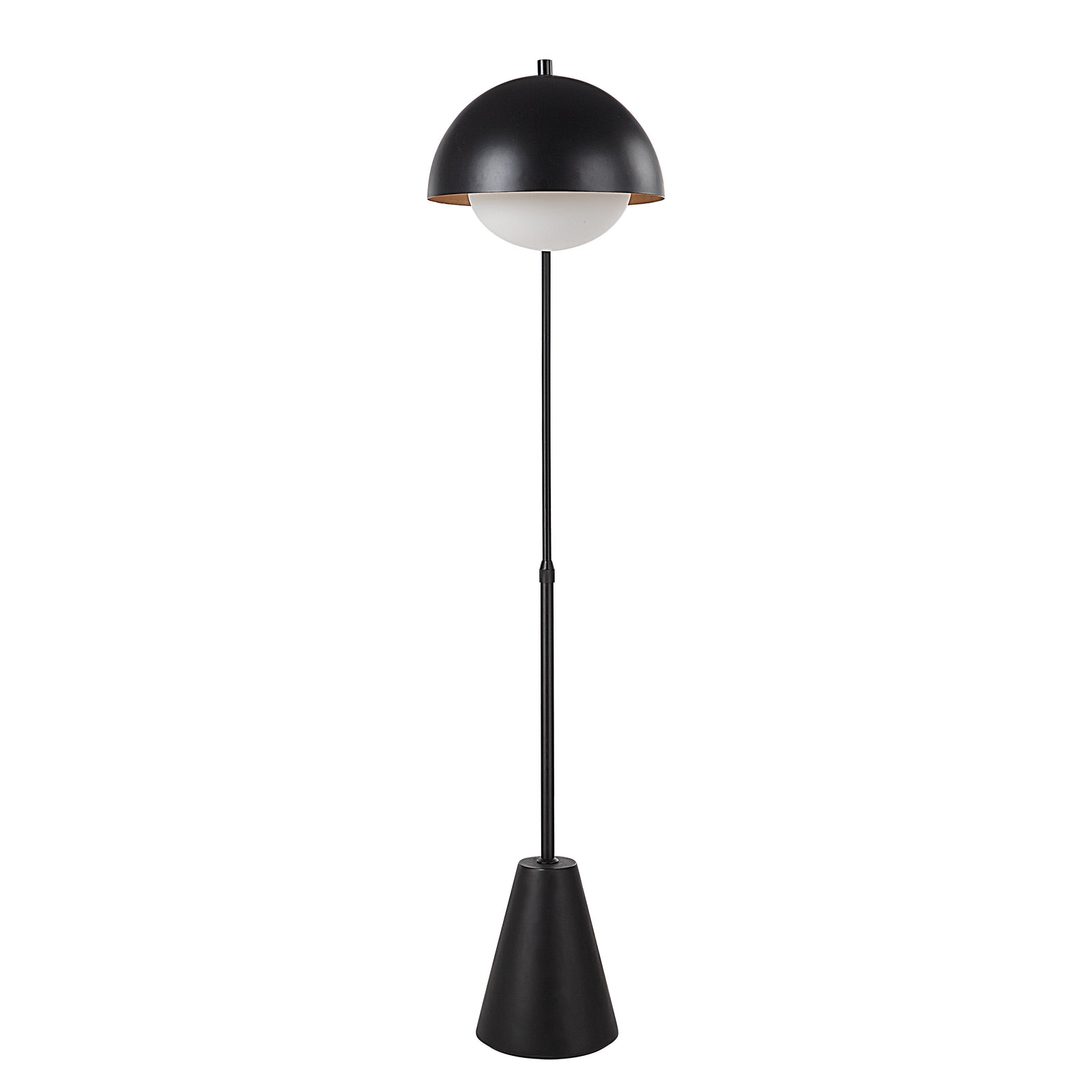 Cooke Floor Lamp with a black dome shade and white globe, featuring a curved arm and conical base.