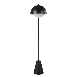 Cooke Floor Lamp showcasing a black dome shade and white globe, standing tall with a conical base.