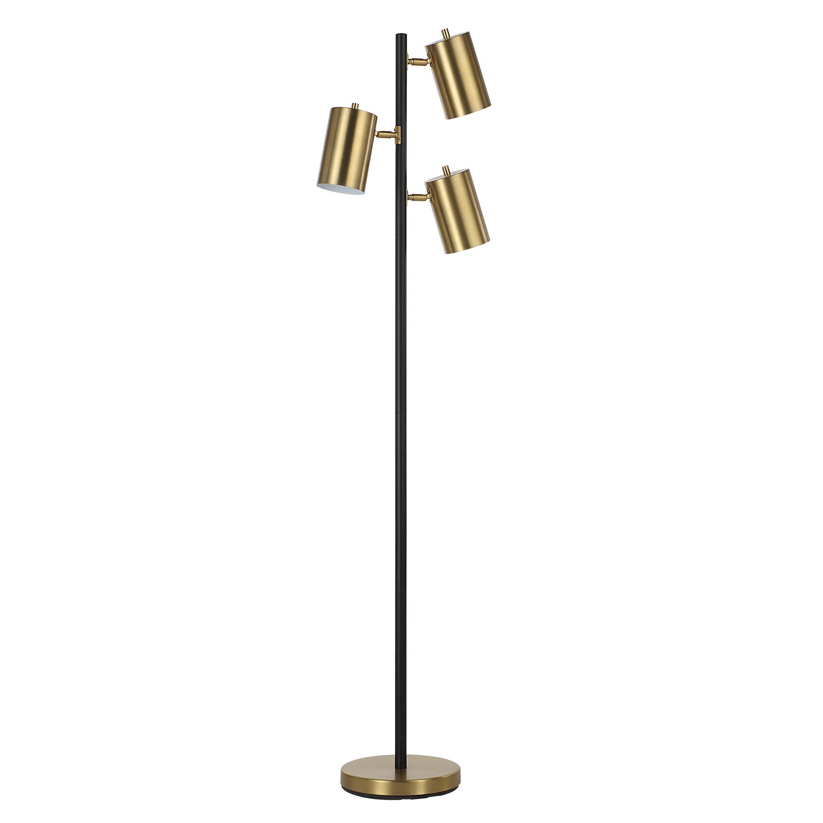 Mosaic floor lamp with three gold metal shades on a black pole and round base.