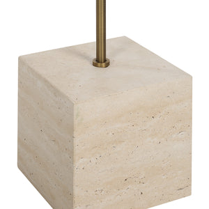 Close-up of Chambers candle holder showing the beige stone base and brass stem