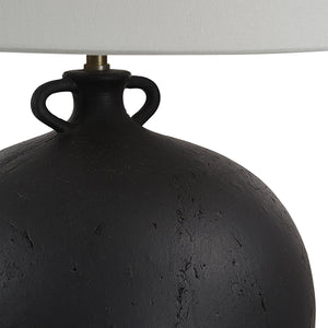 Close-up of Alicia Table Lamp showing black textured base and white shade
