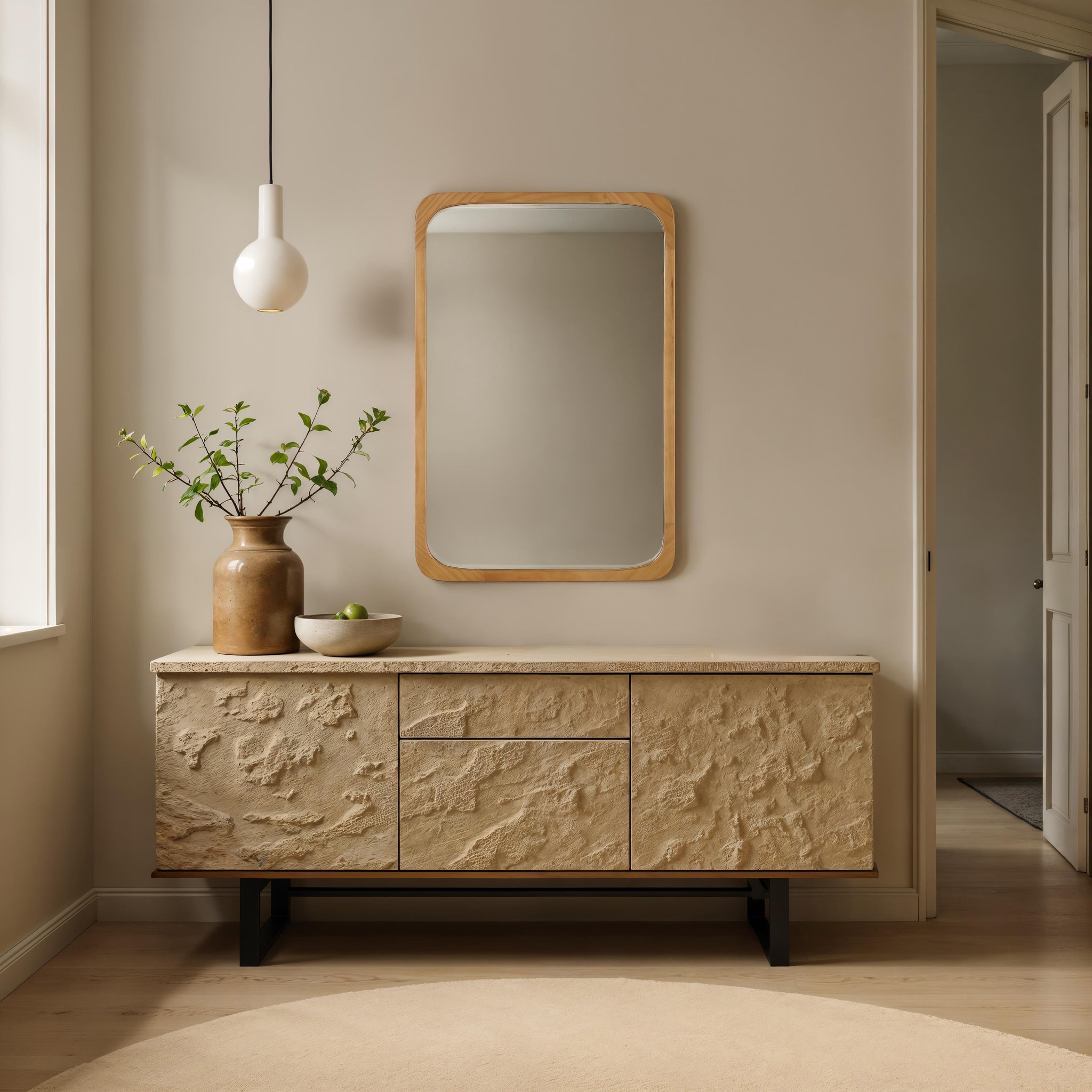 Scisto mirror displayed in a modern interior, above a textured sideboard with decor.