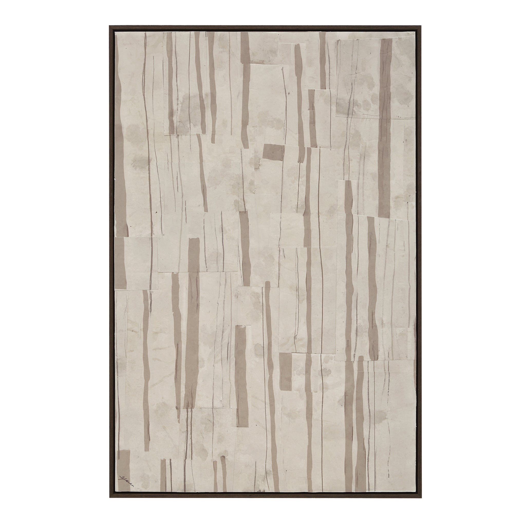 Sediment canvas art featuring a textured light beige background with vertical brown lines.