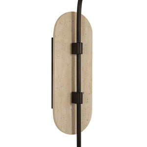 Close-up of Acca Wall Sconce showing beige stone backplate and black metal details