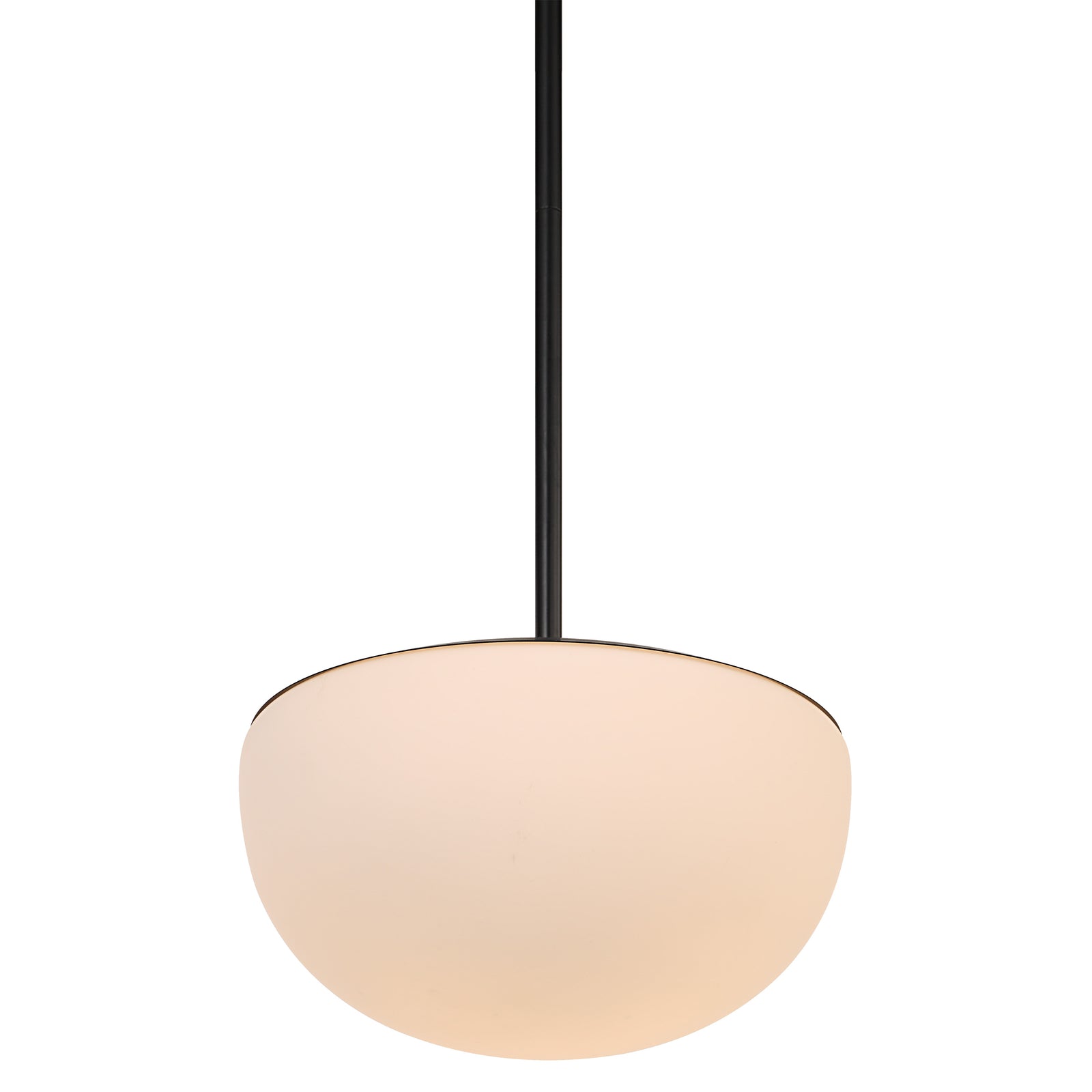 Aditi ceiling light fixture with a black top and white globe shade, hanging from a black rod.