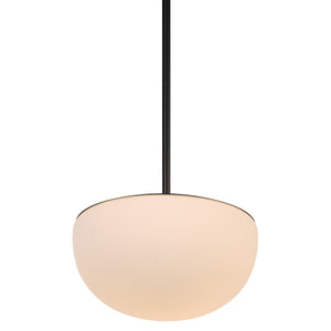 Aditi ceiling light fixture featuring a black top and soft peach globe shade, suspended from a black rod.