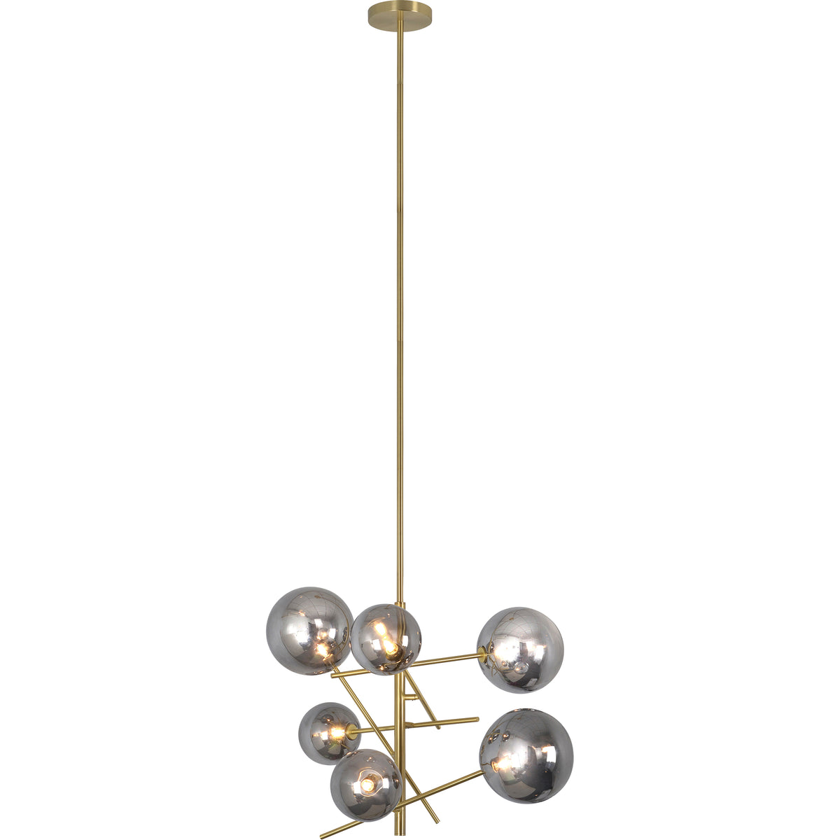 Laylani Ceiling Fixture with seven metallic spheres and gold accents, hanging from a long rod.
