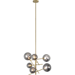 Laylani Ceiling Fixture with seven metallic spheres and gold accents, hanging from a long rod.