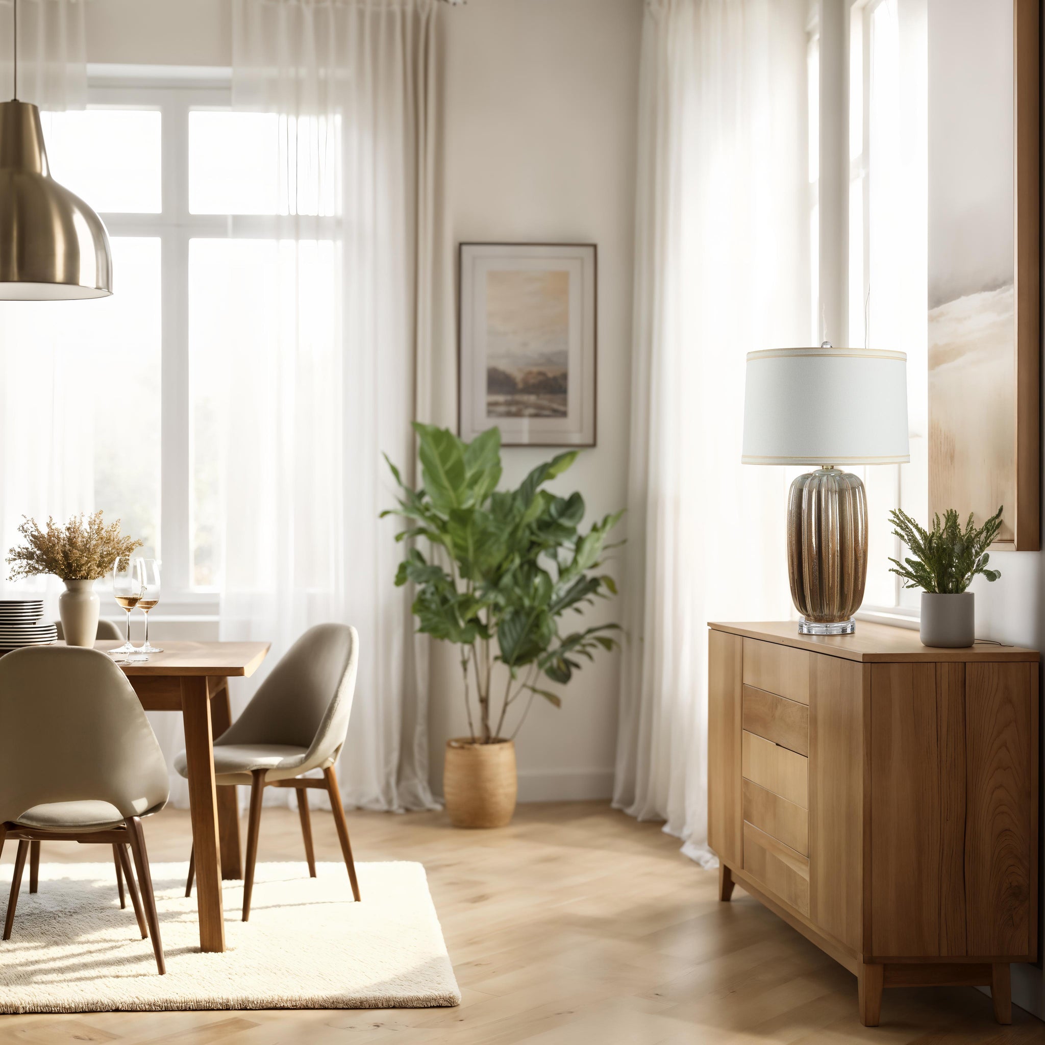 Lumeo table lamp on a wooden sideboard in a bright dining room with plants.