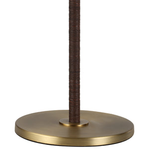 Close-up of Camelia Table Lamp's base, showcasing the gold finish and brown woven texture.