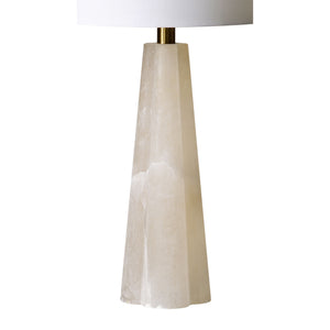 Rima Table Lamp highlighting a close-up of the beige stone base and white shade.