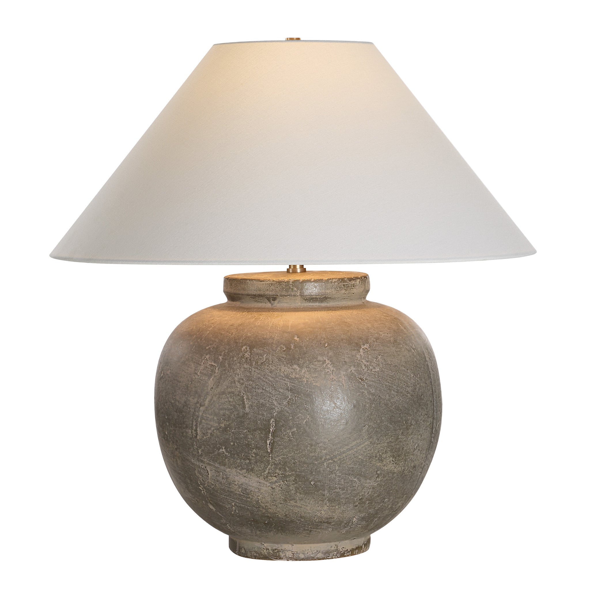 Olivia Table Lamp illuminated, featuring a gray ceramic base and white shade