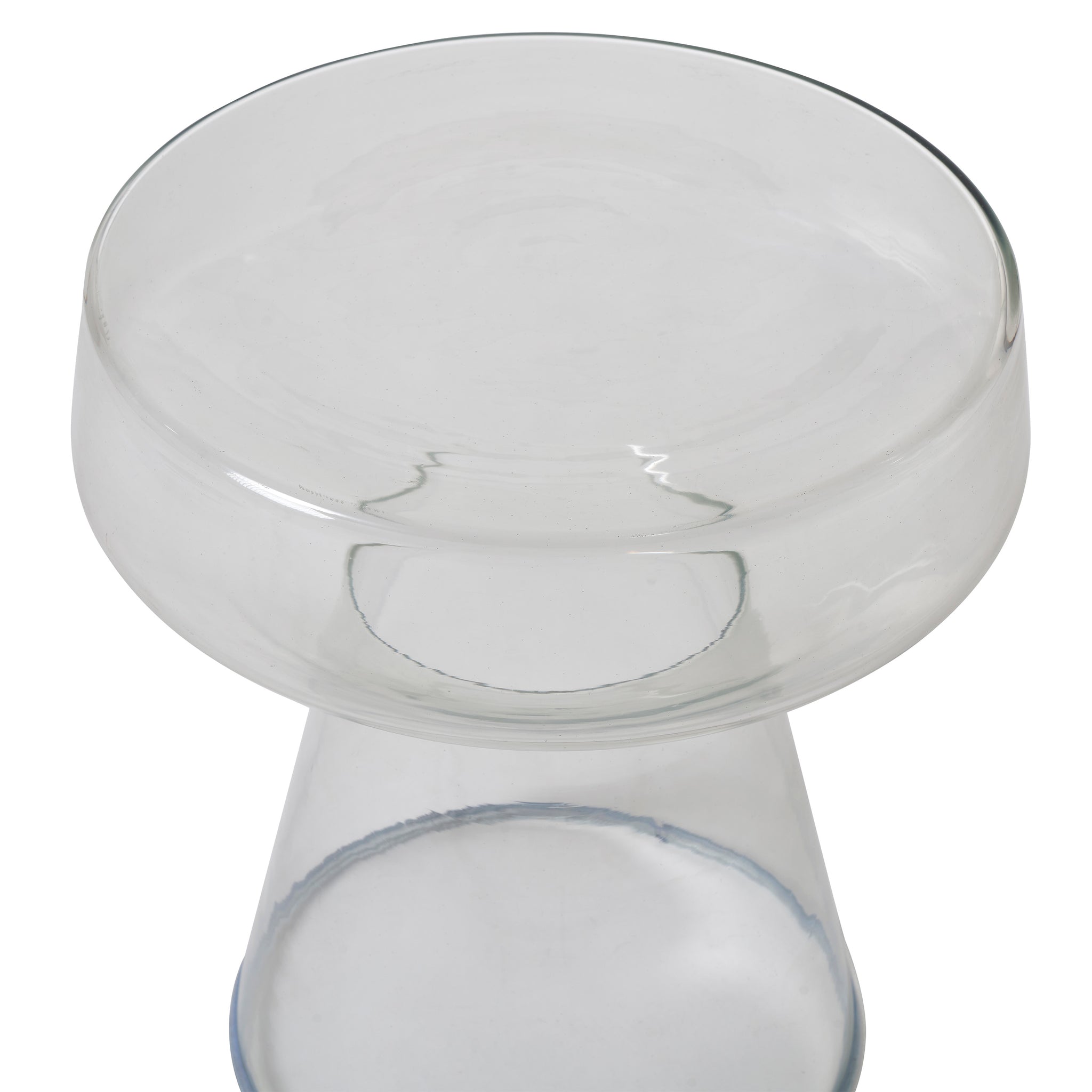 Lavanda table displaying a clear glass top and conical base, viewed from above.