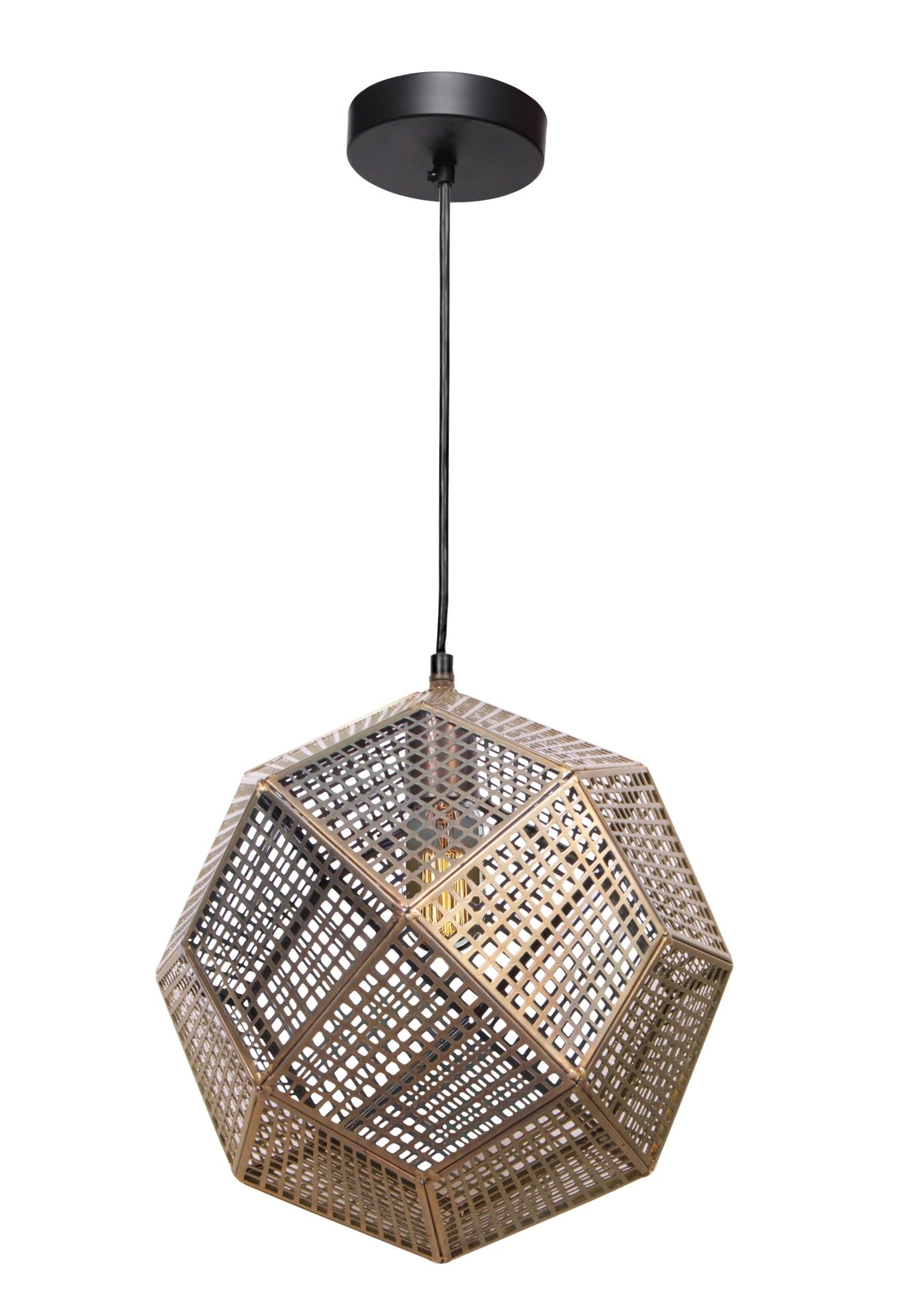 Skars Ceiling Fixture featuring a geometric metal design in gold and black, suspended from a black ceiling mount.