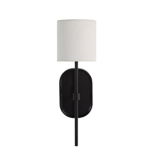 Fico Wall Sconce by Renwil featuring a white fabric shade and black metal base.