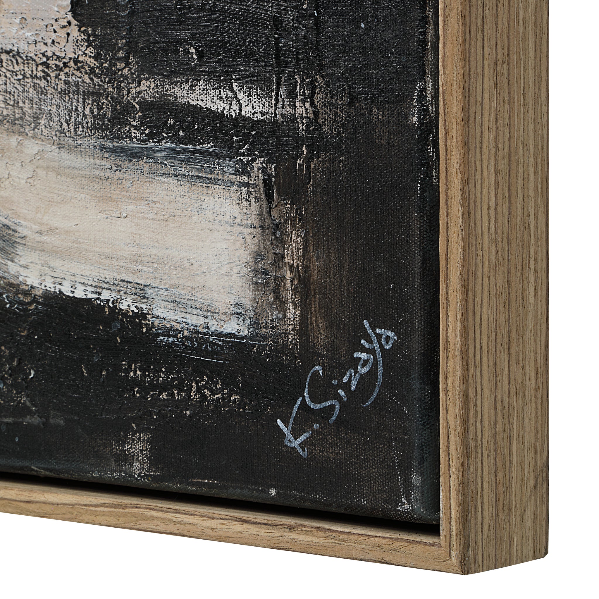 Pascal canvas art featuring abstract black and beige textures with a wooden frame
