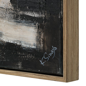 Pascal canvas art featuring abstract black and beige textures with a wooden frame