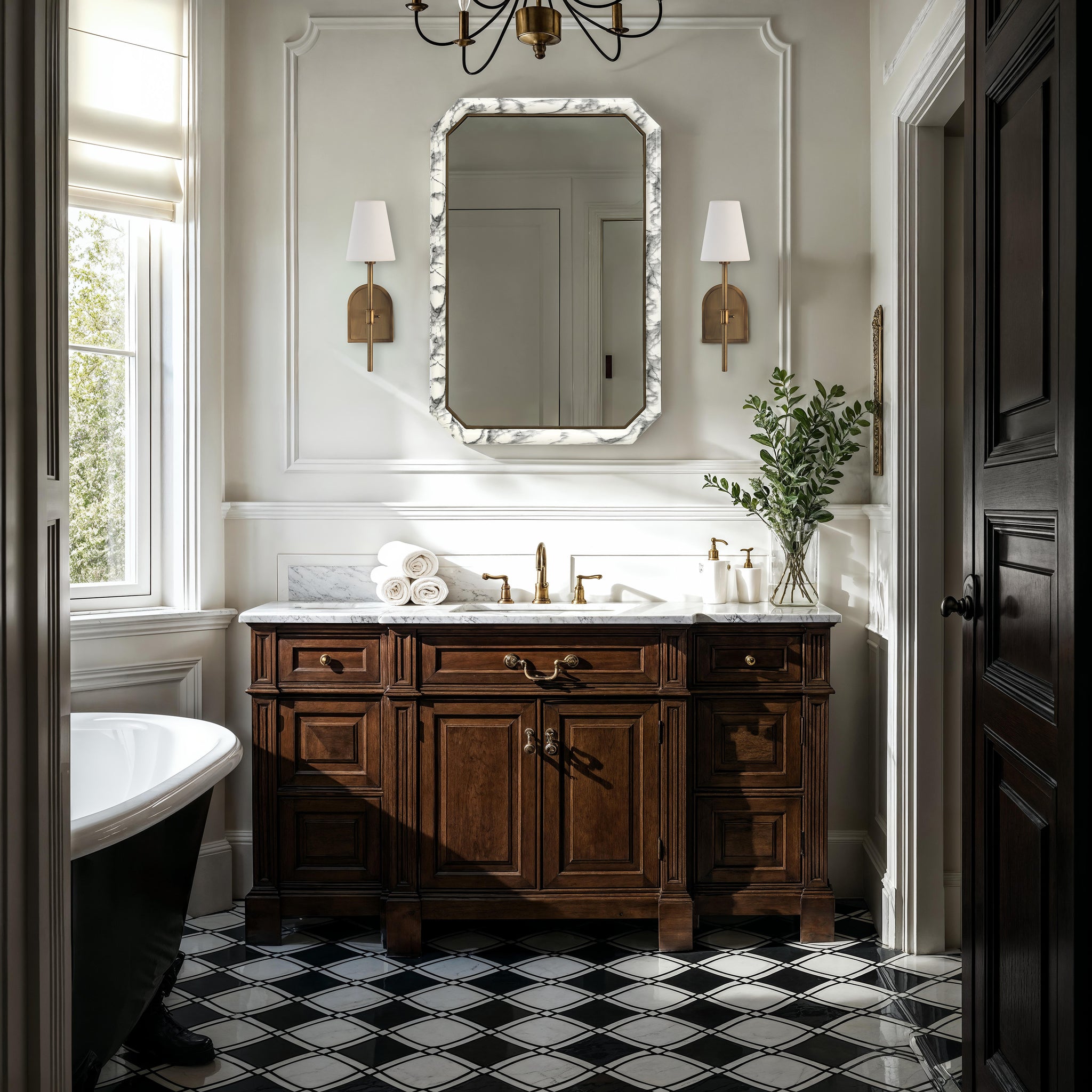 Venus mirror with a marble frame above a wooden vanity in a stylish bathroom setting.