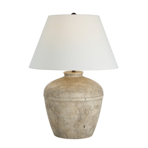 Heritage table lamp featuring a beige ceramic base and a white tapered shade.