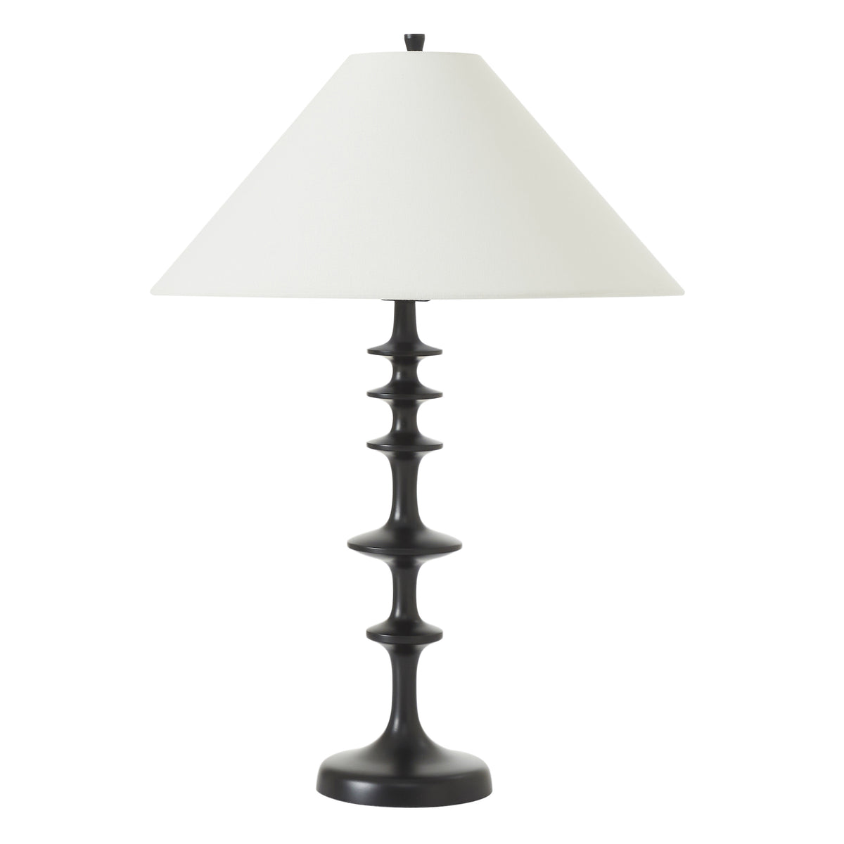 Petrus table lamp with a black base and white conical shade, showcasing a modern design.