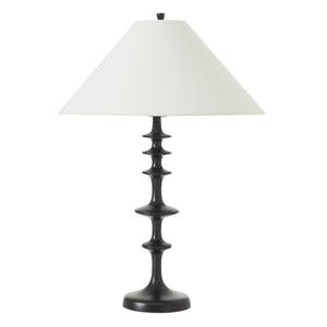 Petrus table lamp with a black base and white conical shade, showcasing a modern design.