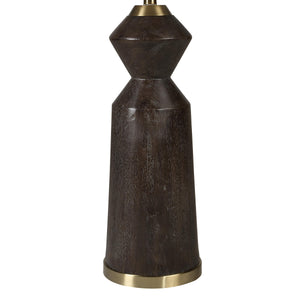Close-up of Pixel floor lamp base featuring a dark wood finish and brass accents