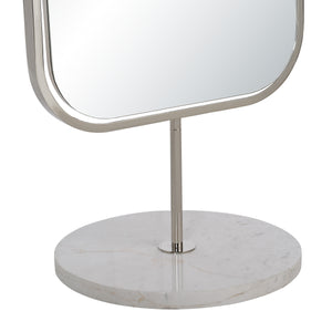 Close-up of Mandra mirror base, featuring a round marble platform and silver pole.