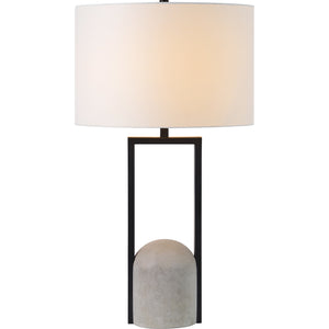 Modern table lamp with a white shade and a black metal frame, featuring a rounded base