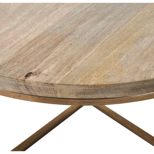 Close-up of Liana Table's round wooden top, showcasing natural wood grain and bronze edge.