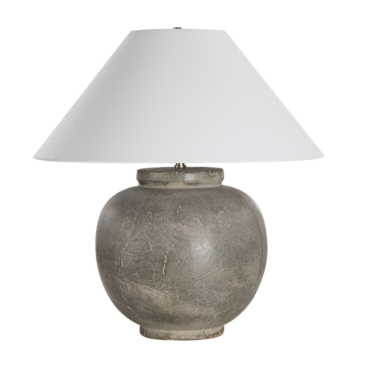 Olivia Table Lamp with a round gray ceramic base and a white fabric shade