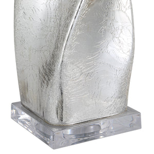 Close-up of Lyons table lamp's silver base with intricate texture