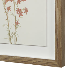 Crema canvas art featuring delicate red flowers on a white background, framed in light wood.