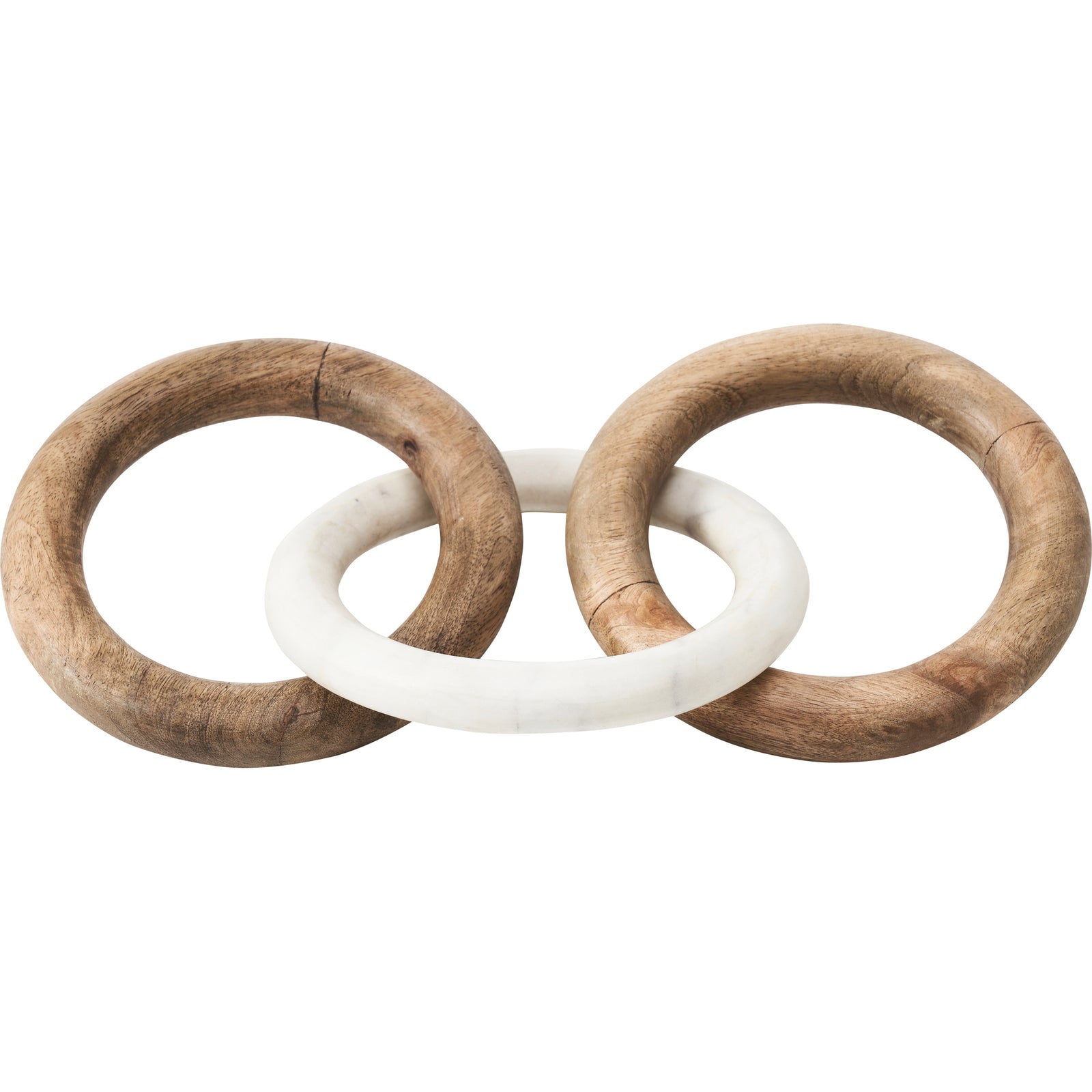 Lusine Decorative Object featuring three interlocking rings, two wooden and one white marble.